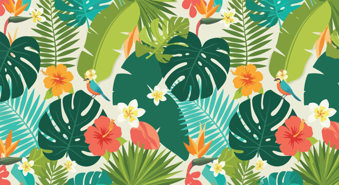 Seamless tropical pattern with monstera leaves hibiscus flowers and exotic birds vector illustration