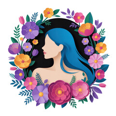 Woman with blue hair surrounded by colorful flowers isolated on a transparent background