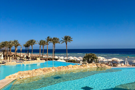 Landscape with swimming pools in Makadi Bay resort, Hurghada, Egypt