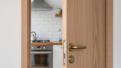 Obraz premium Partially open wooden door with brass handle and lock leading to a modern kitchen, showing stainless steel oven, kettle, countertop, and kitchen containers