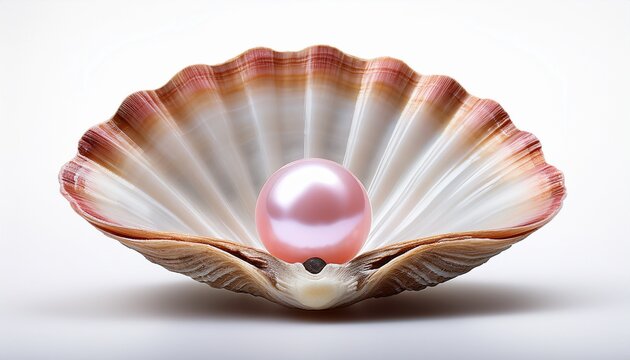 pink pearl nestled within an open clam shell on a white background
