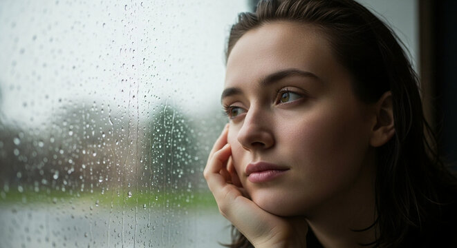 Melancholic Young Woman with Natural Beauty Gazing Out a Window on a Rainy Day, Deep in Thought and Contemplation