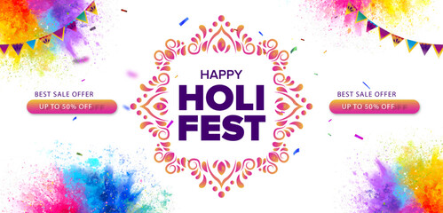 Happy Holi festival celebration header banner or poster design on purple background with water gun and bunting decoration. © Ravi