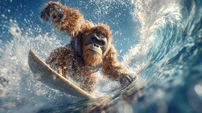 Action shot of orangutan shredding large ocean wave
