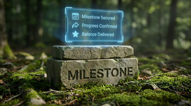 Glowing milestone marker in forest with moss and stone blocks symbolizing progress and achievement in business and technology