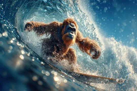 Orangutan surfer carving through splashing ocean wave
