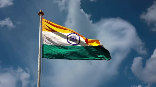 Vibrant Indian Flag Waving Against a Clear Blue Sky with Scattered White Clouds Highlighting National Colors and Symbolism of Unity