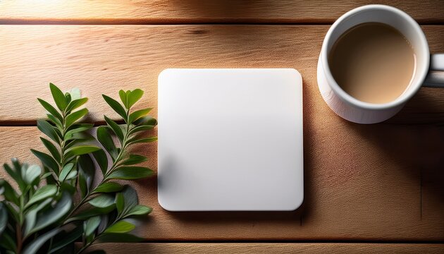 blank square coaster on a rustic wooden table with a white coffee cup and greenery under soft natural light ideal for branding and promotional product displays