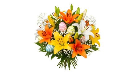 A vibrant bouquet of lilies and Easter eggs on transparent background