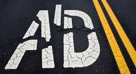 Cracked Roadway Markings Showing Broken A D Warning Letters cracked pavement