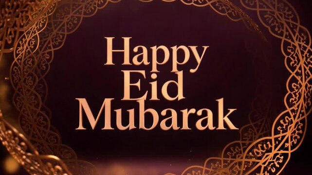 Animated Happy Eid Mubarak title sequence with rotating golden Islamic arabesque frame