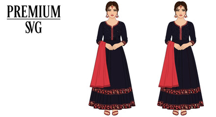 Woman wearing traditional Indian dress with red and black colors.