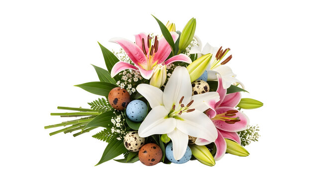 A beautiful bouquet of flowers and Easter eggs on transparent background