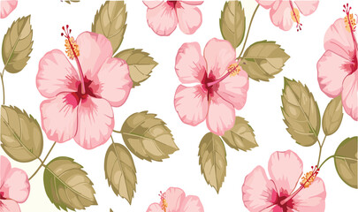 Pink hibiscus flowers seamless pattern tropical floral botanical background cartoon vector illustration decorative design © MdMojnu