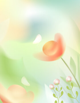 Soft pastel narure background,Blooming tulip,green leaves,blurry light,blue sky,peach gradient background,Vetor beautiful spring garden design for greeting cards,Easter,Mothers day,Summer banner