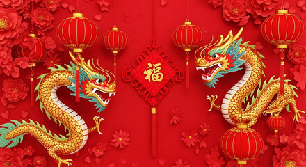 Fototapeta premium Chinese dragon dance red background with lanterns and flowers
