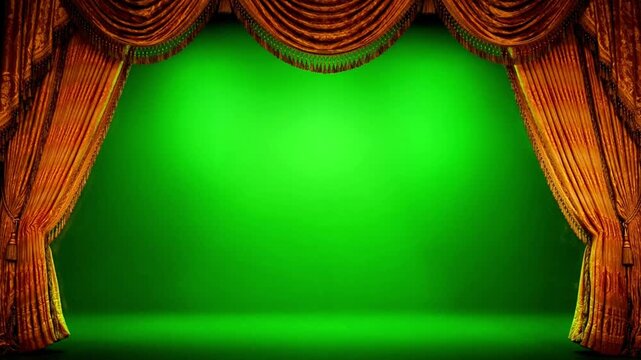 Dramatic gold curtain opener reveals a vibrant green screen stage background ideal for presentations or theatrical events