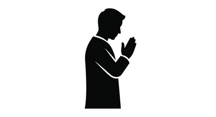 A man in a suit with hands clasped in prayer silhouette