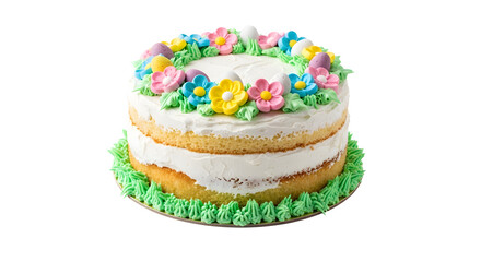 A decorated cake with white frosting and colorful flowers on transparent background