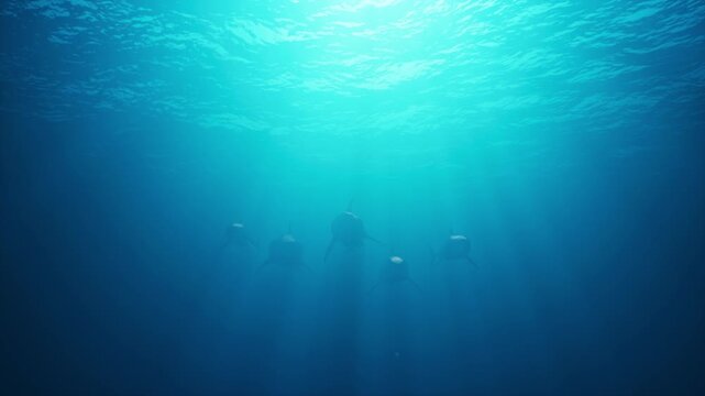 A group of white sharks swim underwater