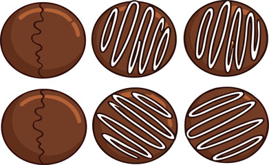 Fototapeta premium Top view chocolate candy collection with drizzle decoration isolated sweet dessert confectionery vector illustration set design