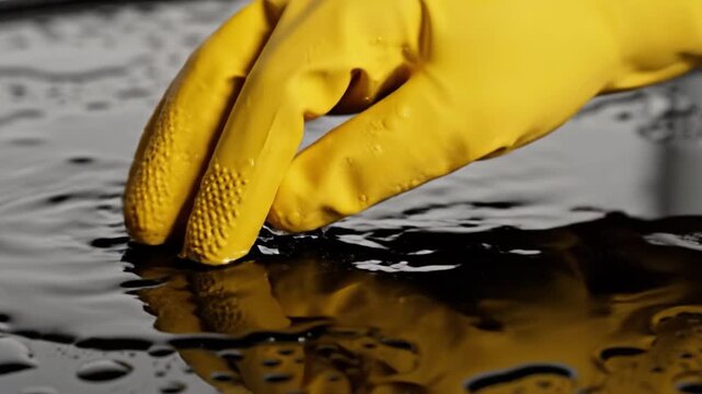 Cleaning yellow glove rubber glove hand water wet surface hygiene protection household closeup waterproof sanitation detail texture safety absorbent wipe glossy droplet wet surface hygiene household