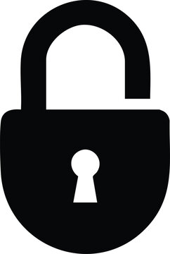 Black silhouette of an open padlock with a white keyhole on a white background symbolizing