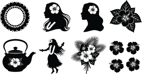 Hawaiian hibiscus silhouette illustration set featuring island woman profiles, hula dancer, tropical flowers, lei, and decorative elements representing aloha culture and summer paradise concept © Shafali