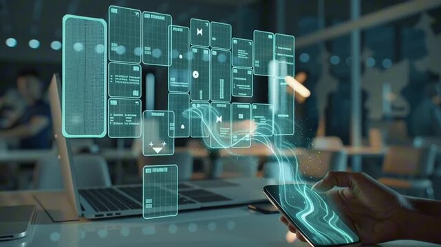 Ultra modern fintech scene, person holding smartphone activating invisible contactless digital payment system, holographic blockchain grid air, glowing transaction ripple waves expanding outward