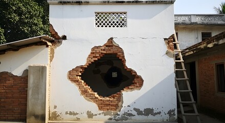 Damaged Wall Revealing Collapsed Brick Structure with Ladder Access for Repair