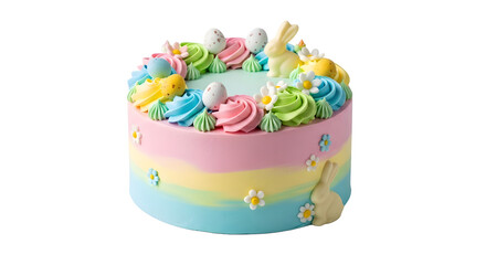 A colorful Easter cake with pastel frosting and decorations on transparent background