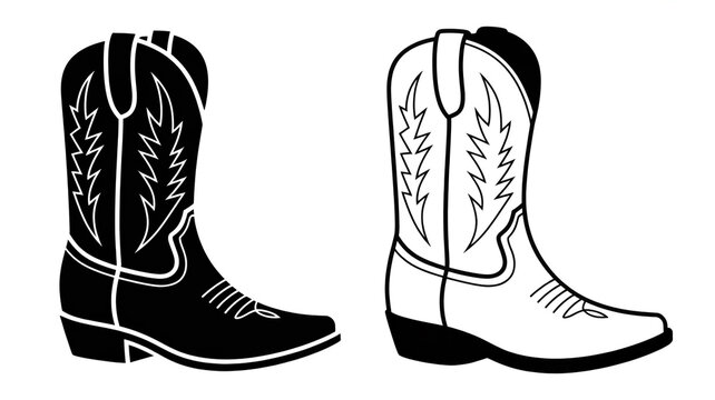 Black Silhouette and White Outline of a Cowboy Boot on White Background western boot footwear