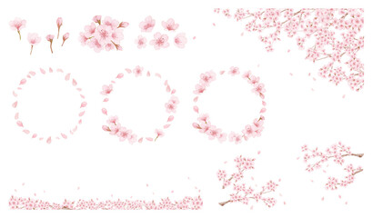 Watercolor Cherry Blossom Bundle, Pink Sakura Flower Wreaths and Branches for Spring Wedding-300dpi- © URU