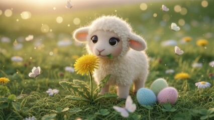 Fototapeta premium Knitted lamb with Easter eggs and a dandelion in a sunny meadow. Spring holiday and Christian religion concept for greeting card.