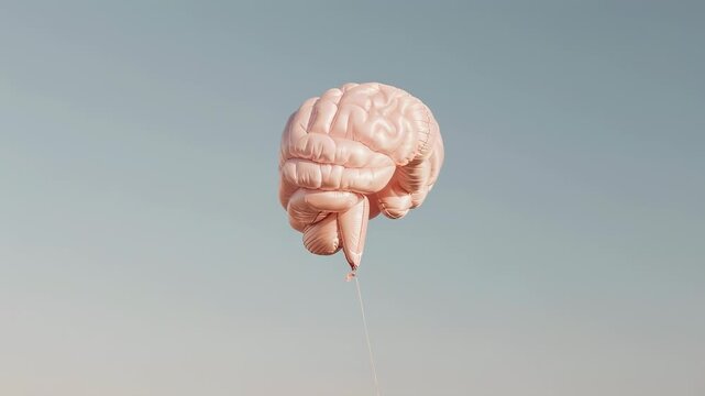 A pink inflatable brain balloon floats against a pale blue sky