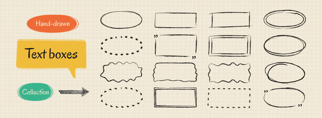 Doodle crayon hand-drawn text box collection. Rectangle, round shapes, pencil sketch texture. Vector drawing ink illustration. Grunge brush outline text boxes for notes- speech box, shapes, elements.