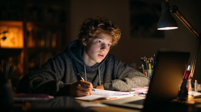 Young student studying late at night at a desk, laptop and notebook open under a soft desk lamp, capturing focused concentration in a modern realistic study environment.
