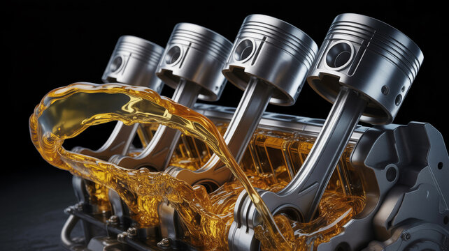 Close-up of Internal Combustion Engine Pistons with Flowing Lubricating Oil motor