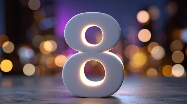 A glowing white number eight stands on a wooden surface. The background features soft bokeh lights in purple and gold, symbolizing International Women's Day.