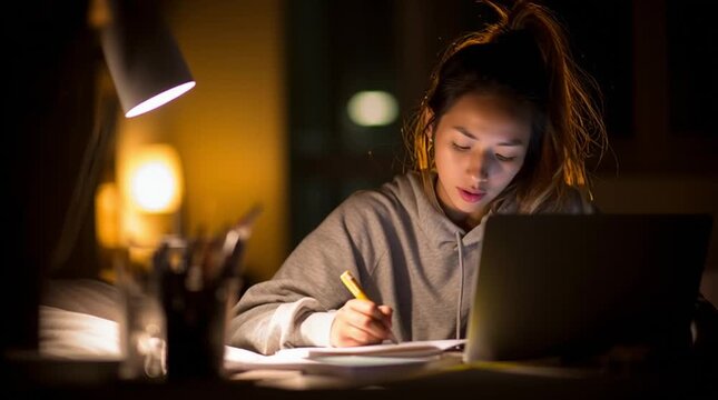 Young student studying late at night at a desk, laptop and notebook open under a soft desk lamp, capturing focused concentration in a modern realistic study environment.
