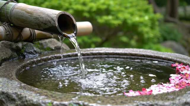 Water flows into stone basin - Water gracefully flows from a bamboo spout into a stone basin, decorated with delicate pink flowers. The scene evokes a sense of tranquility and natural beauty.