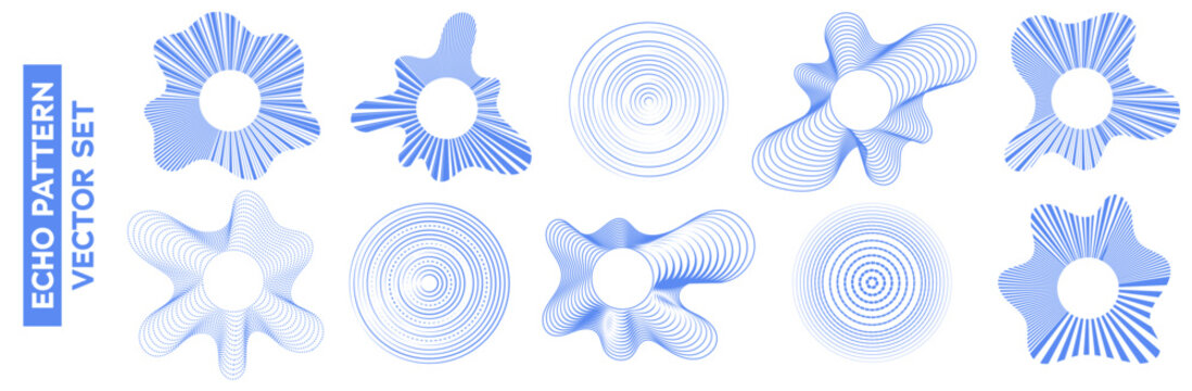 Blue circular echo pattern set. Hypnotic concentric rings spread outward like soundwaves, featuring gradient halftone dots and geometric precision for striking visual impact.