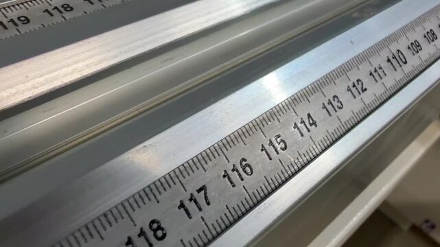 close-up of the cutting size setting scale on a circular saw. equipment for cutting lumber. format cutting machine