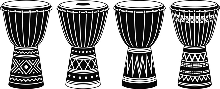 African djembe drum silhouette set with traditional tribal percussion instruments isolated on white background cultural vector illustration
