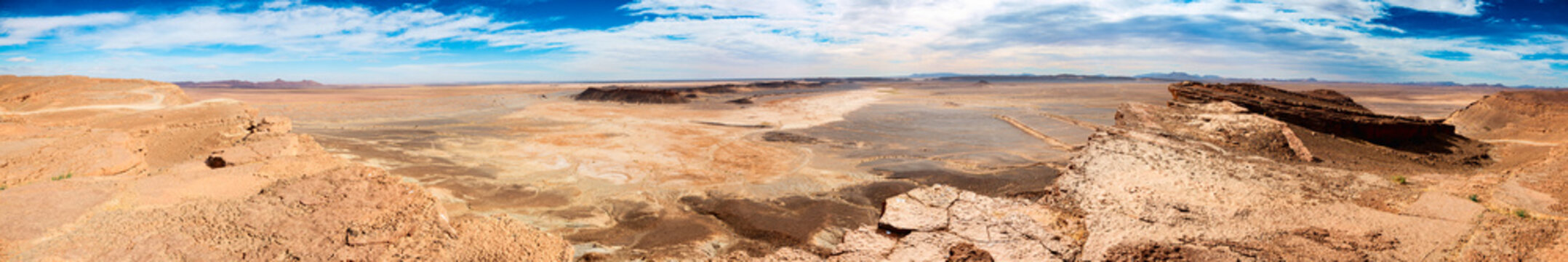 Panoramic view of the Moroccan desert terrain in the Kelaat M'gouna region