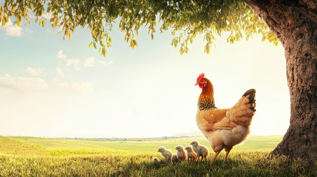 Peaceful rural scene featu a hen with chicklings under a large leafy tree on green grass du daytime sunny weather with a bright sky