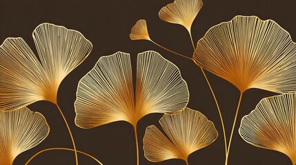 Elegant golden ginkgo leaves illustration on a dark background, showcasing intricate line details and organic shapes, perfect for decorative and artistic applications