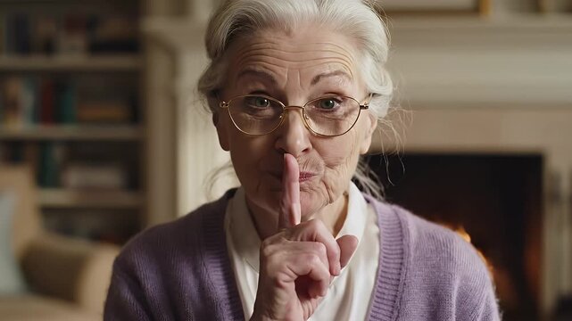 Senior Woman Gesturing Silence - This close-up shot features a mature woman with glasses holding a finger to her lips, making a "shush" gesture.