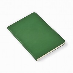Fototapeta premium A green hardcover notebook with a plain cover resting on a white surface
