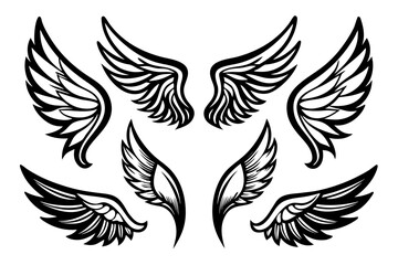Obraz premium A set of black and white wing illustrations in various styles and positions